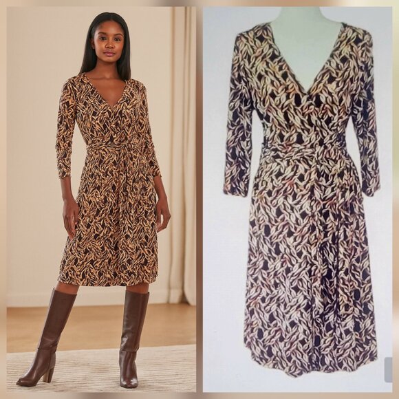 Vintage Faux Wrap Geometric Print Jersey Knit Dress Packable Travel Sz Large - Picture 11 of 11